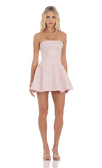 Shimmer Jacquard Strapless Flare Dress in Dusty Pink