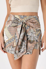 Trendy Tales Taupe Scarf Print Satin Tie-Front Skort