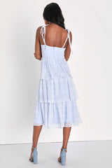 Vineyard Visit Blue Embroidered Tie-Strap Tiered Midi Dress