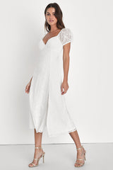 Blossoming with Charm White Embroidered Tie-Back Midi Dress