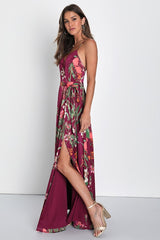 Still the One Burgundy Floral Print Satin Maxi Dress