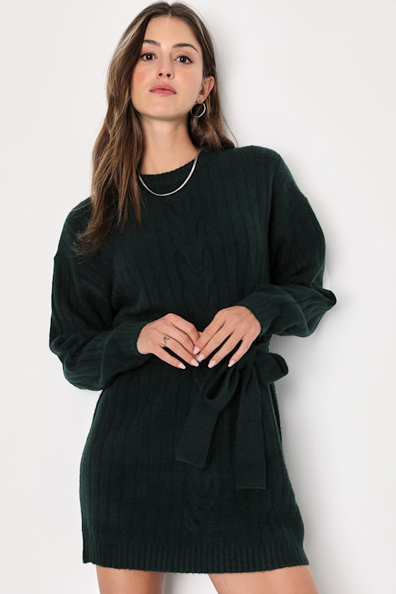 Wishing on Winter Emerald Green Cable Knit Mini Sweater Dress