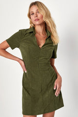 Go-Getter Girl Olive Green Corduroy Mini Dress With Pockets