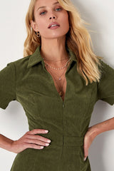 Go-Getter Girl Olive Green Corduroy Mini Dress With Pockets