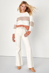Moments of Cozy Ivory Multi Striped Crew Neck Pullover Sweater