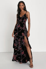 I Love You Amore Black Floral Velvet Tiered Maxi Dress