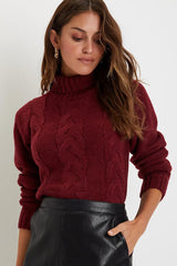 Snuggly Touch Burgundy Cable Knit Turtleneck Sweater