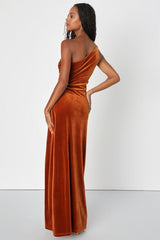 Elegant Era Rust Orange Velvet One-Shoulder Maxi Dress