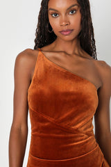 Elegant Era Rust Orange Velvet One-Shoulder Maxi Dress