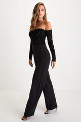 Stunning Occasion Black Burnout Velvet Off-the-Shoulder Jumpsuit
