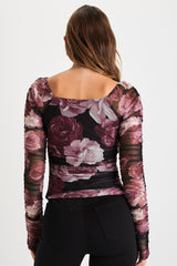 Flowering Aesthetic Black Floral Mesh Ruched Square Neck Top