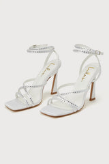Ralstonn White Satin Rhinestone Ankle Strap Heels