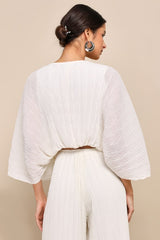 Pristine Presence Ivory Plisse Tie-Front Dolman Sleeve Crop Top