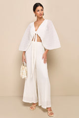 Pristine Presence Ivory Plisse Tie-Front Dolman Sleeve Crop Top