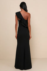 Grand Beauty Black Ruffled One-Shoulder Mermaid Maxi Dress