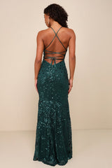 Photo Finish Forest Green Sequin Lace-Up Maxi Dress