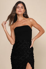 Ravishing Appeal Black 3D Floral Applique Strapless Maxi Dress