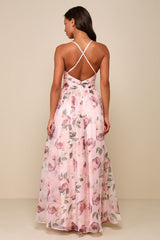 Romance That Wows Blush Floral Print Organza Maxi Dress