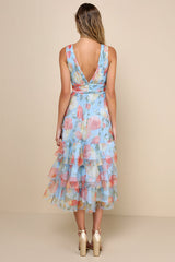 Perfectly Divine Blue Floral Tulle Tiered Ruffled Midi Dress
