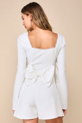 Luminous Aesthetic White Pearl Bow Long Sleeve Romper