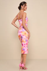 Vibrant Babe Pink Multi Floral Cutout Drawstring Midi Dress