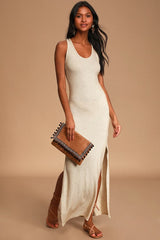 Relaxed but Not Least Beige Ribbed Sleeveless Maxi Dress