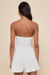 Wait On Me White Ribbed Knit Strapless Romper
