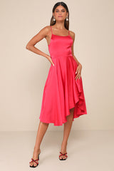 Days Like Today Magenta Satin Asymmetrical Tie-Back Midi Dress