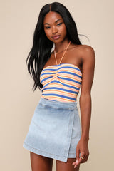 Definite Perfection Light Wash Denim Faux Wrap Skort