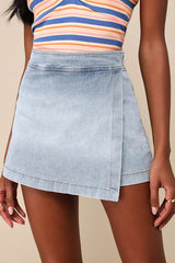 Definite Perfection Light Wash Denim Faux Wrap Skort