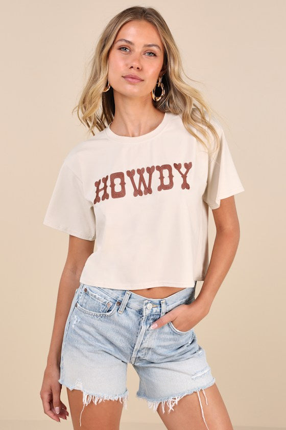 Howdy Hottie Beige Embroidered Graphic Tee