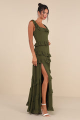 Compelling Romantic Olive Green Ruffled Tiered Maxi Dress