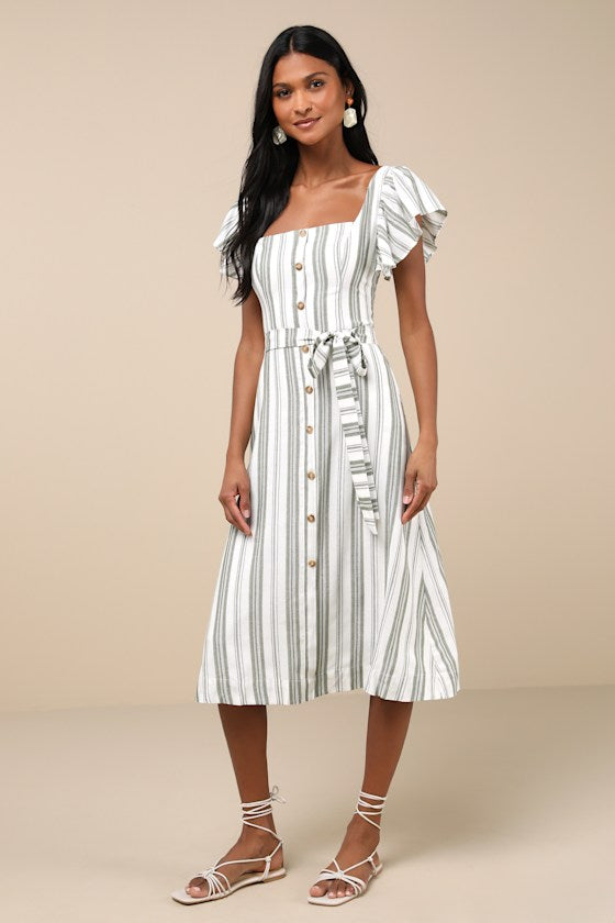 Mediterranean Moves Olive Striped Flutter Sleeve Midi Dress
