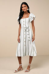 Mediterranean Moves Olive Striped Flutter Sleeve Midi Dress