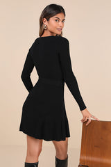 Cozy Poise Black Henley Long Sleeve Mini Sweater Dress