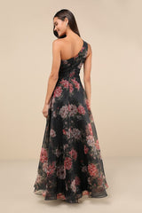 Truly Extraordinary Black Floral Organza One-Shoulder Maxi Dress