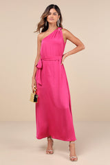 Goddess Aura Fuchsia Satin One-Shoulder Maxi Dress