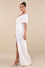 Elegant Confidence White Satin Flutter Sleeve Cutout Maxi Dress