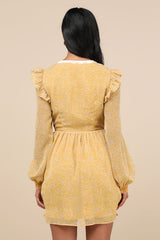 Posh Impression Yellow Floral Print Tie Neck Mini Dress