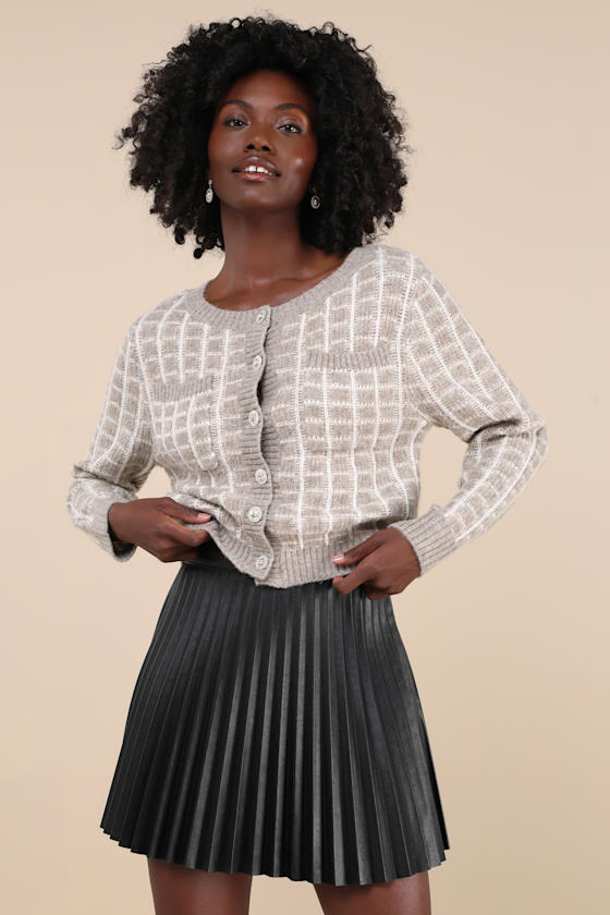Luxuriously Comfy Taupe and Ivory Checkered Rhinestone Cardigan