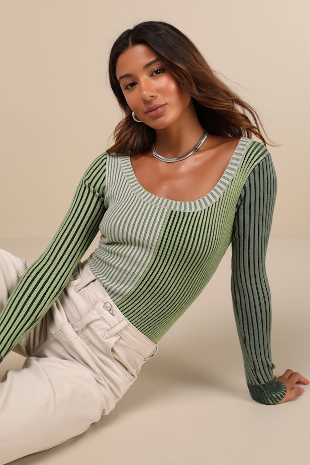 Mod Cutie Green Color Block Ribbed Long Sleeve Bodysuit