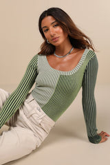 Mod Cutie Green Color Block Ribbed Long Sleeve Bodysuit