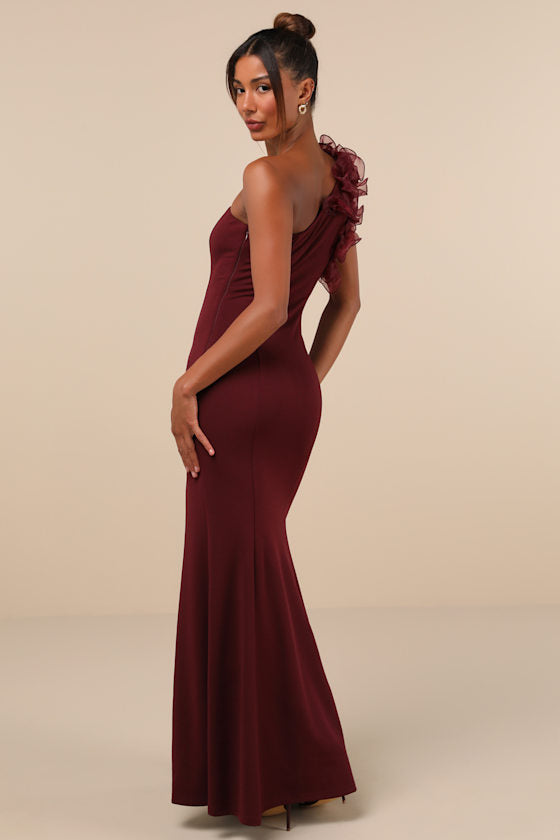 Stunning Significance Plum One-Shoulder 3D Ruffled Maxi Dress