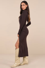 Refined Attitude Brown Ribbed Side Button Midi Sweater Dress
