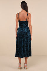 Considered Glamour Dark Teal Crushed Velvet Buster Midi Dress