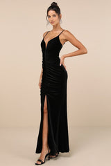 Stunning Invitation Black Velvet Ruched Sleeveless Maxi Dress