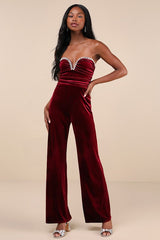Fabulous Instinct Burgundy Velvet Pearl Strapless Jumpsuit