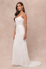 Momentous Love White Beaded Bustier Mesh Mermaid Maxi Dress