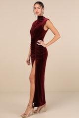 Alluring Image Burgundy Ruched Velvet Mock Neck Maxi Dress