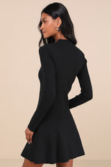 Adorable Intentions Black Mock Neck A-Line Mini Sweater Dress